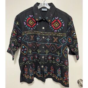 Liz‎ & Me Black Embroidered Cotton 3/4 Sleeve Button Up Shirt Tribal Western 2X